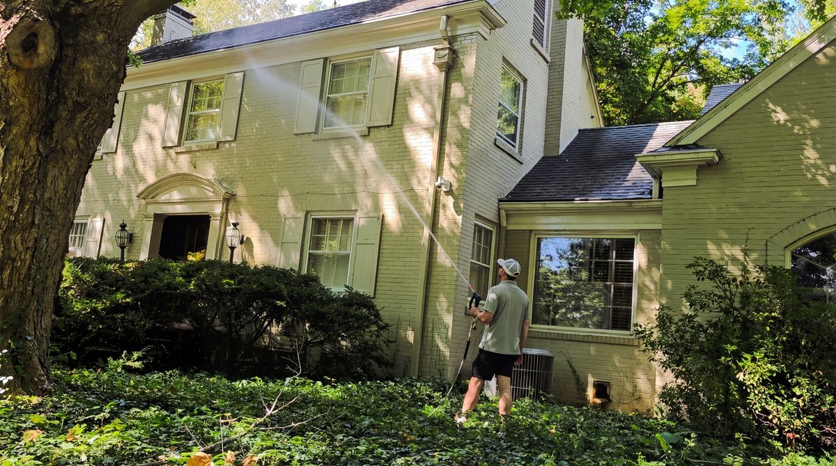 Before and after exterior cleaning showing restored deck and patio
